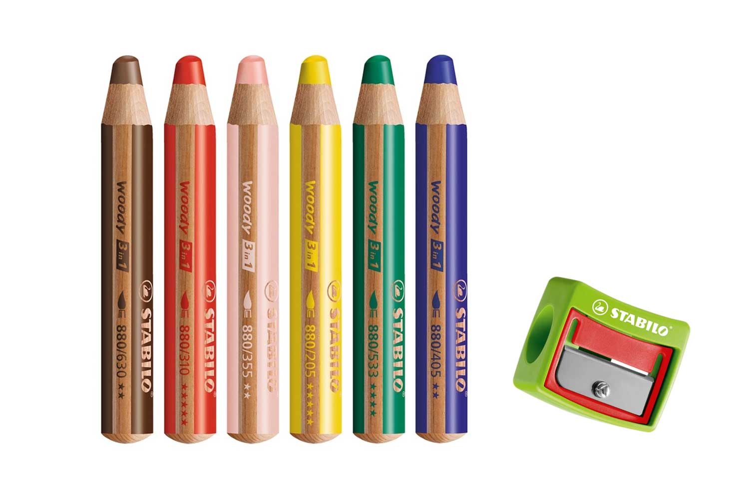 6 crayons de couleurs Woody 3 en 1 + taille crayon Stabilo