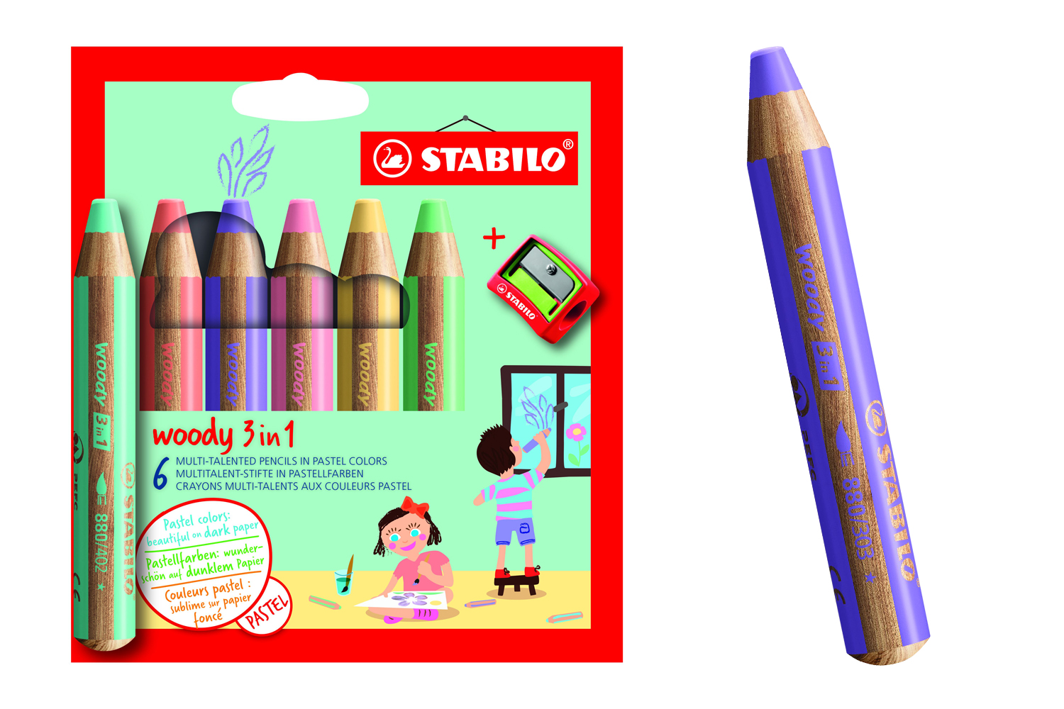STABILO Boîte carton de 10 Crayons Woody + 1 Taille-crayon avec