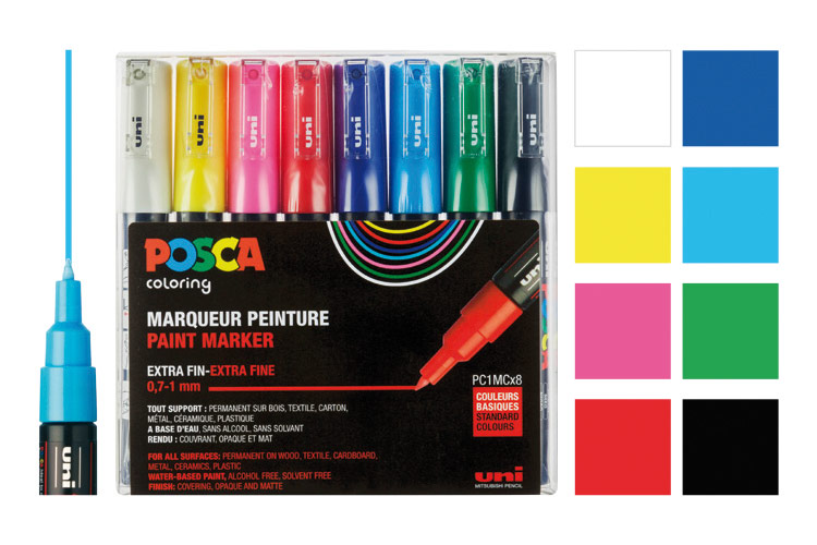 Pochette de 8 marqueurs Posca pointe fine conique 1,5 mm couleurs