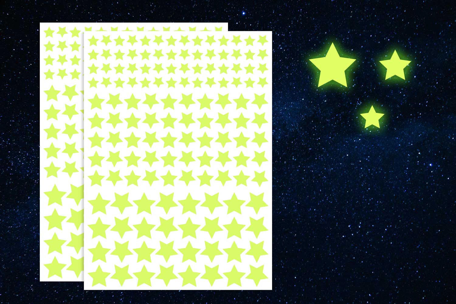 24 stickers phosphorescent adhésifs 24 étoiles tailles assorties