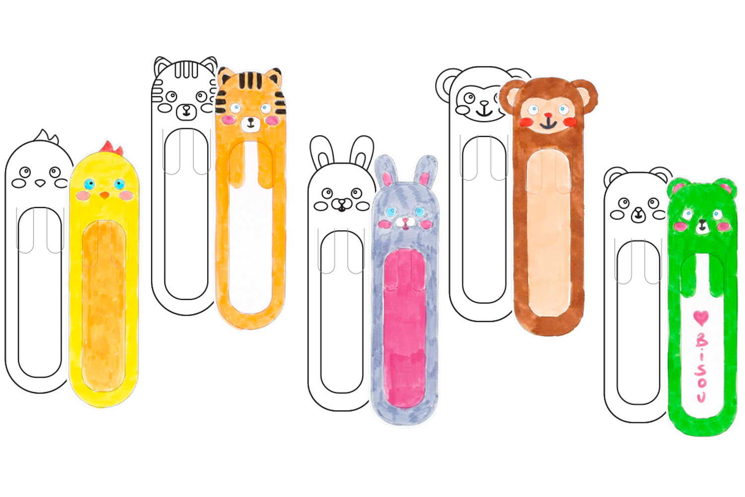 Marque-pages animaux à colorier - 10 animaux - Supports de
